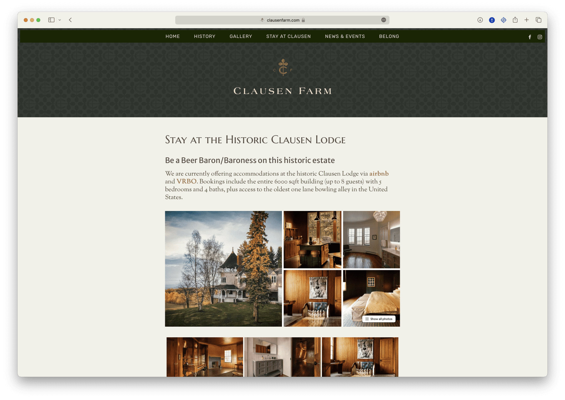The web page created for Clausen Farm