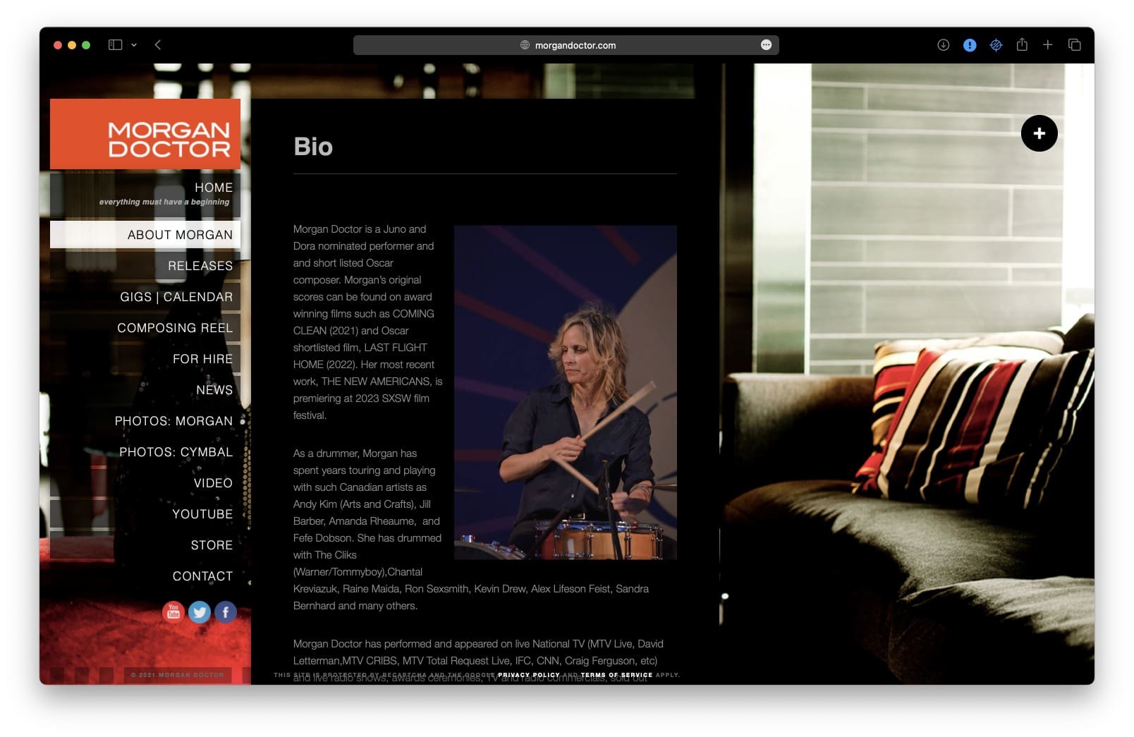 A website with a woman sitting in a living room.