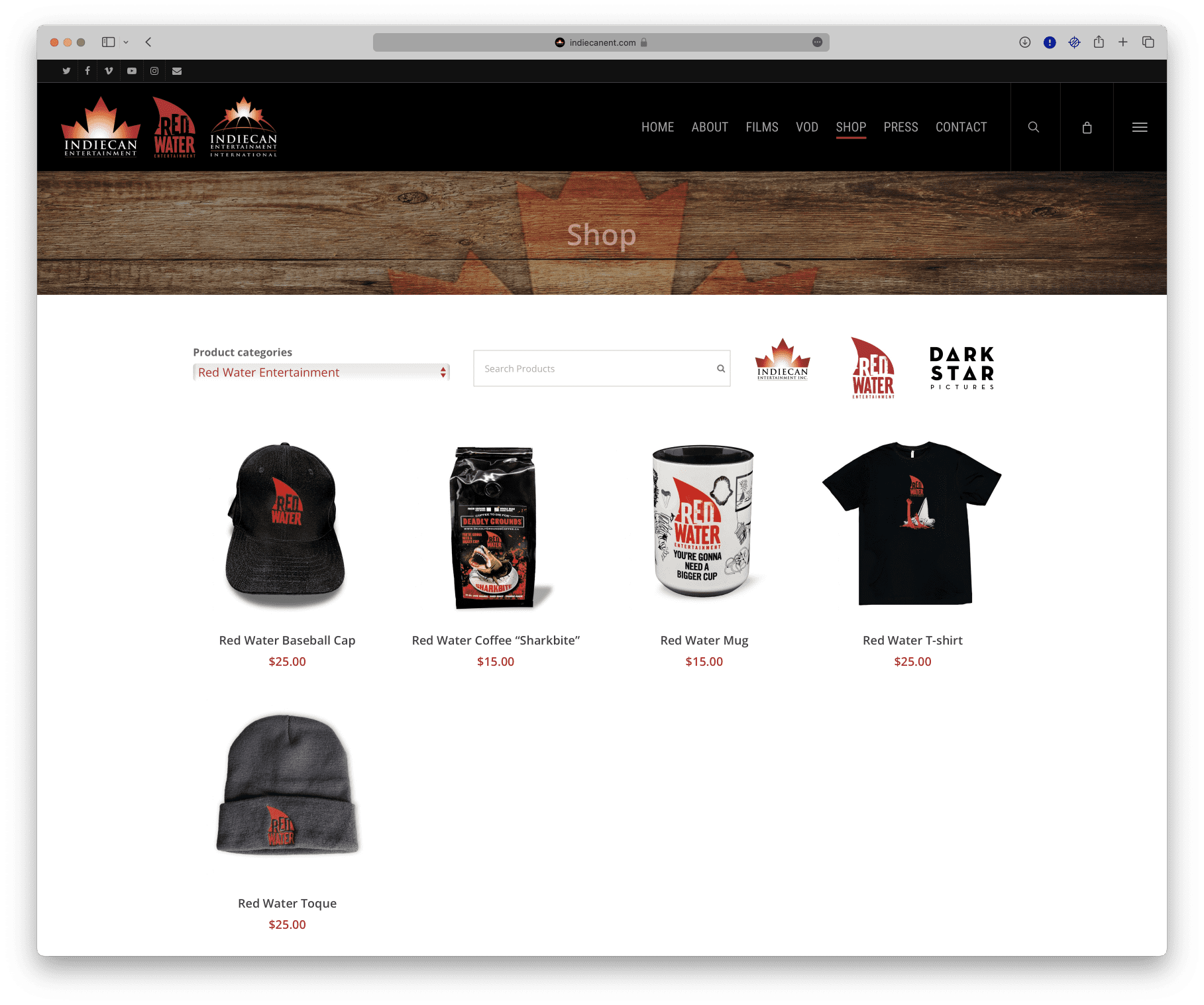 A screen shot of a website with a hat and t-shirts.
