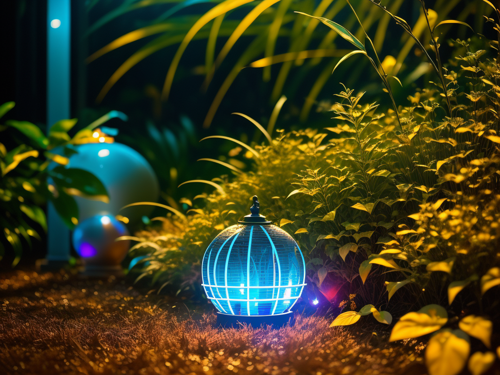A glowing ball sitting on the ground in a garden.