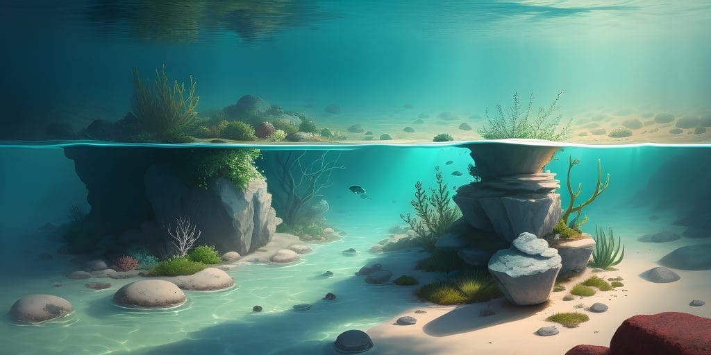 An underwater scene with rocks and plants.